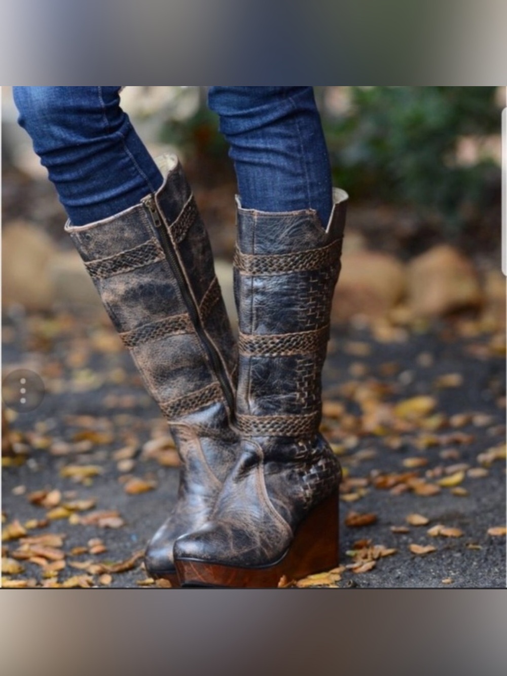 BED STU Distressed Leather Woven Wooden Wedge Boots Size 10B